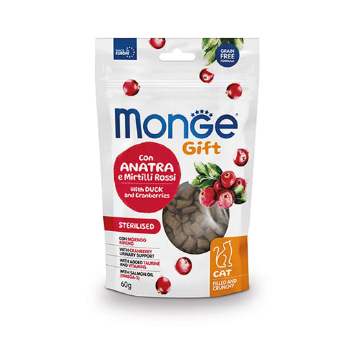 Monge Gift - лакомства за кастрирани котки без зърнени култури с патешко месо и червени боровинки - 60 гр.