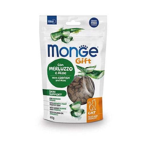 Monge Gift - лакомства за котки за здрава кожа и козина, без зърнени култури с риба треска и алое - 60 гр.