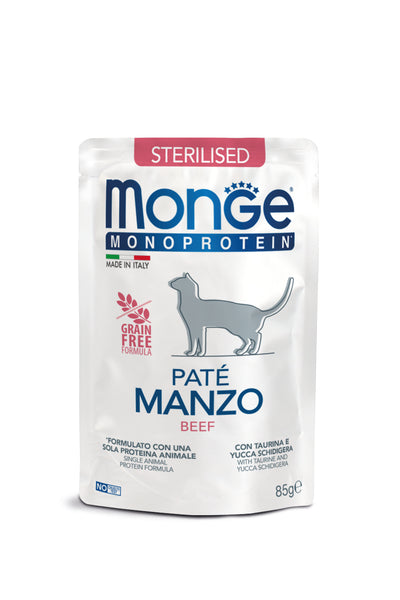Monge Monoprotein - паучове за кастрирани котки с телешко и картофи - 6 броя x 85 гр.