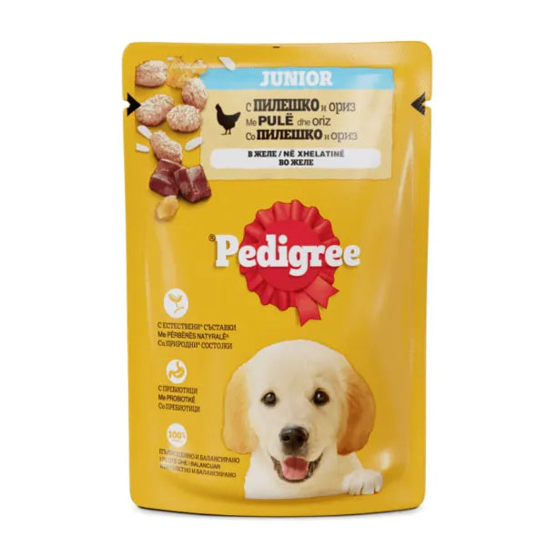 Pedigree - паучове за подрастващи кучета с пилешко и ориз в желе - 12 броя x 100 гр.