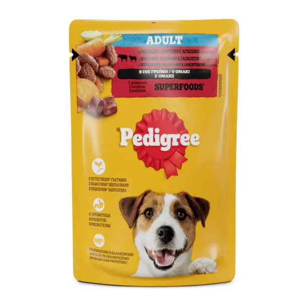 Pedigree - паучове за кучета с говеждо и агнешко в сос грейви - 12 броя x 100 гр.
