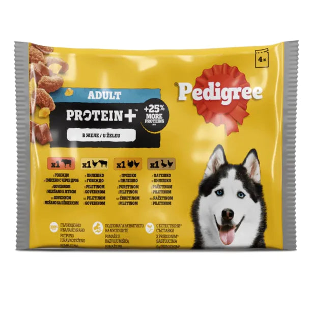 Pedigree - Protein + паучове за кучета с повишено съдържание на протеин, 4 вкуса в желе - 6 броя x 4x100 гр.