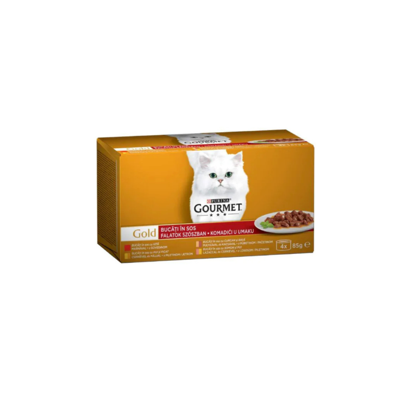 Gourmet Gold - консервирана храна за котки хапки в сос асортимент - 6 броя х 4х85 гр.