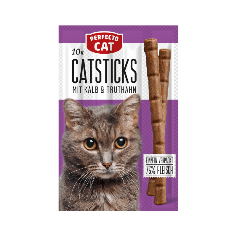 Perfecto Cat - лакомства за котки саламени пръчици с теле и пуйка - 10 броя в опаковка