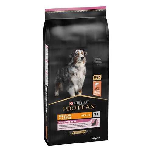 Purina Pro Plan Sensitive Skin - Суха храна за кучета над 7 години от средни и едри породи със сьомга - 14 кг.