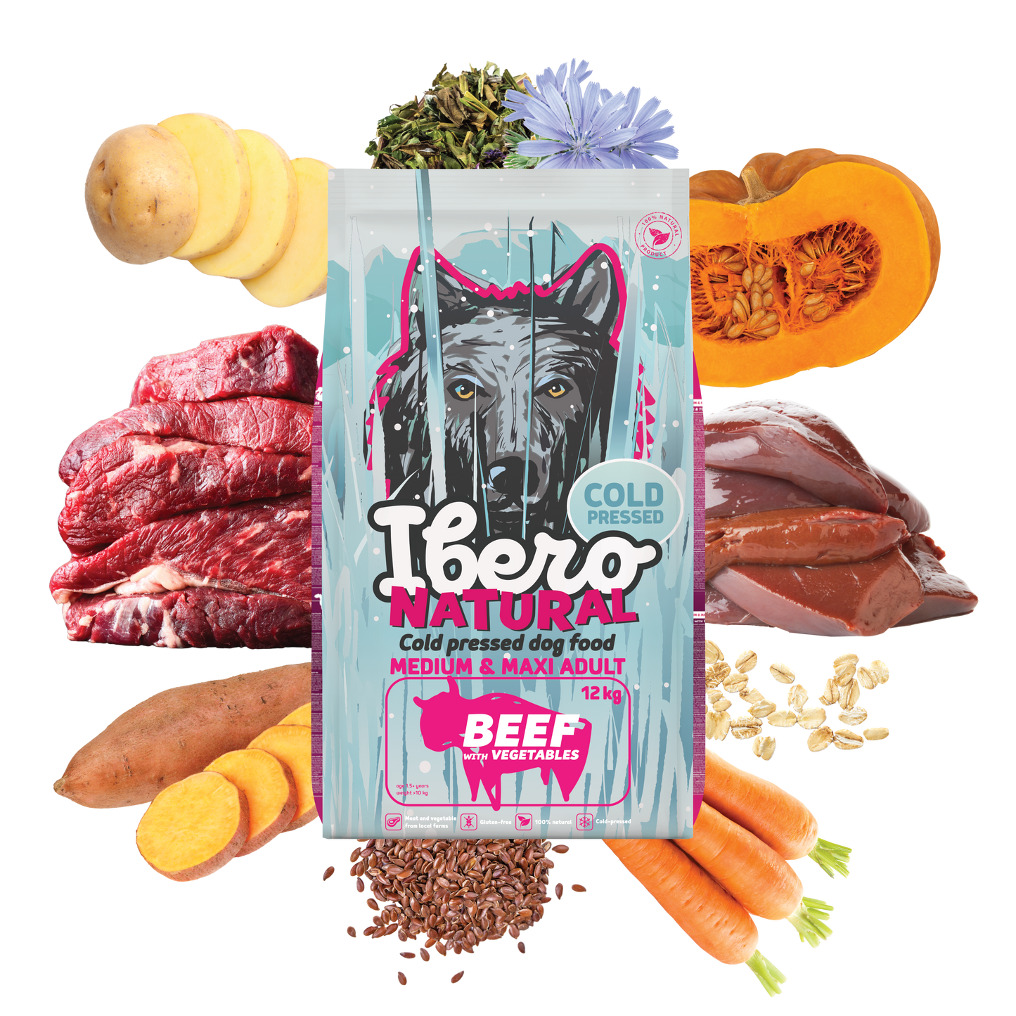 IberoNatural - студено пресована храна за кучета от средни и едри породи с говеждо и зеленчуци