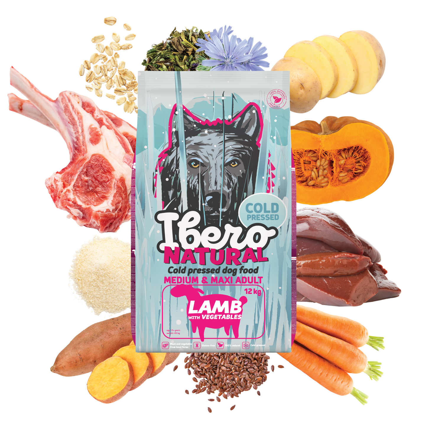 IberoNatural - студено пресована храна за кучета от средни и едри породи с агне и зеленчуци