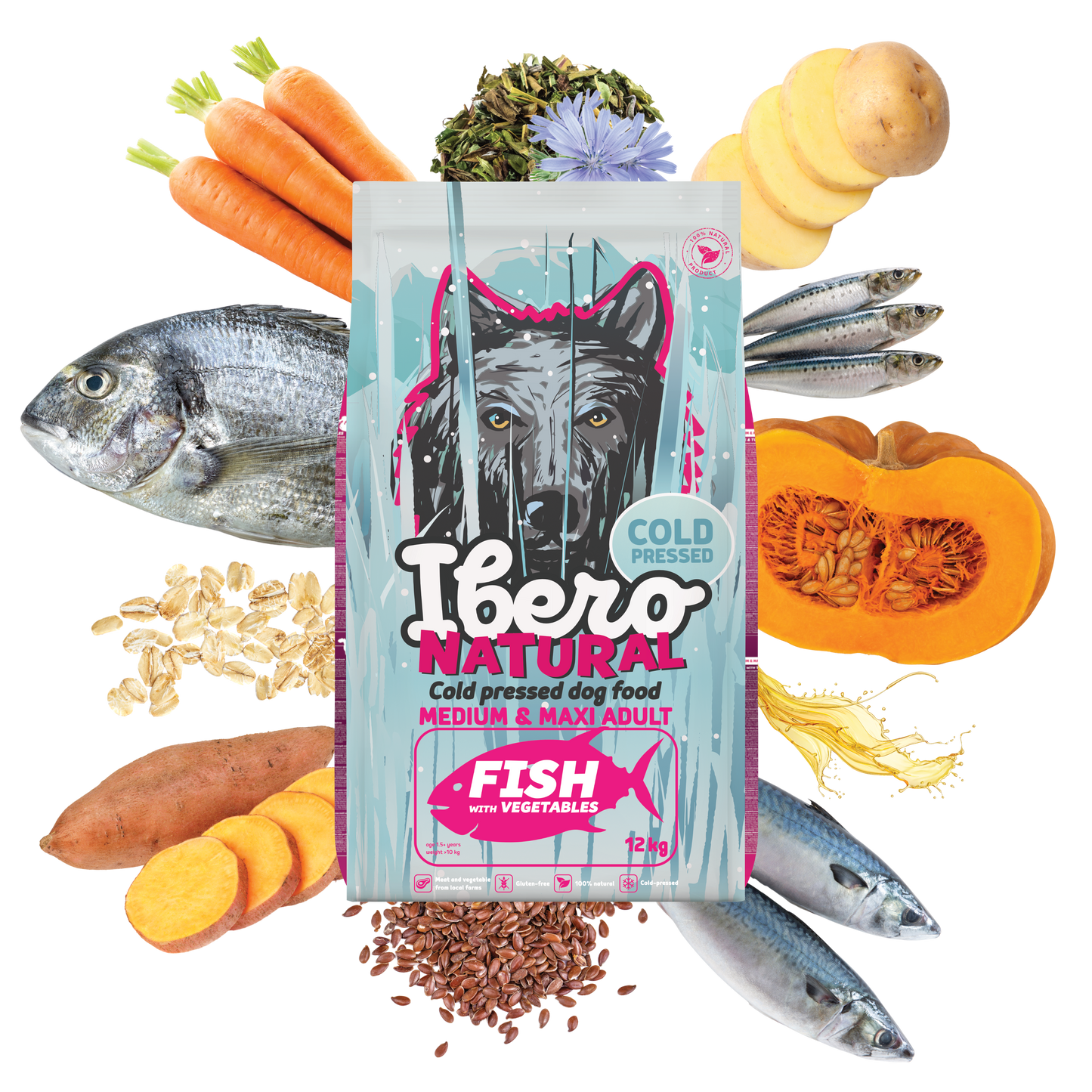IberoNatural - студено пресована храна за кучета от средни и едри породи с риба и зеленчуци