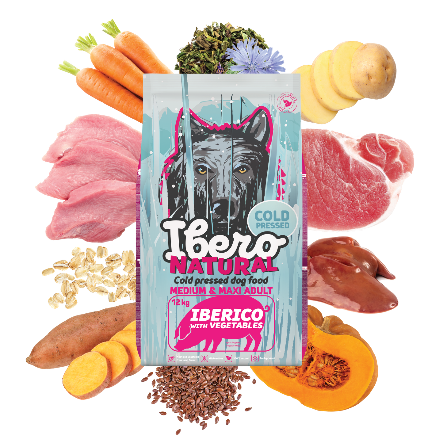 IberoNatural - студено пресована храна за кучета от средни и едри породи с иберийско свинско и зеленчуци