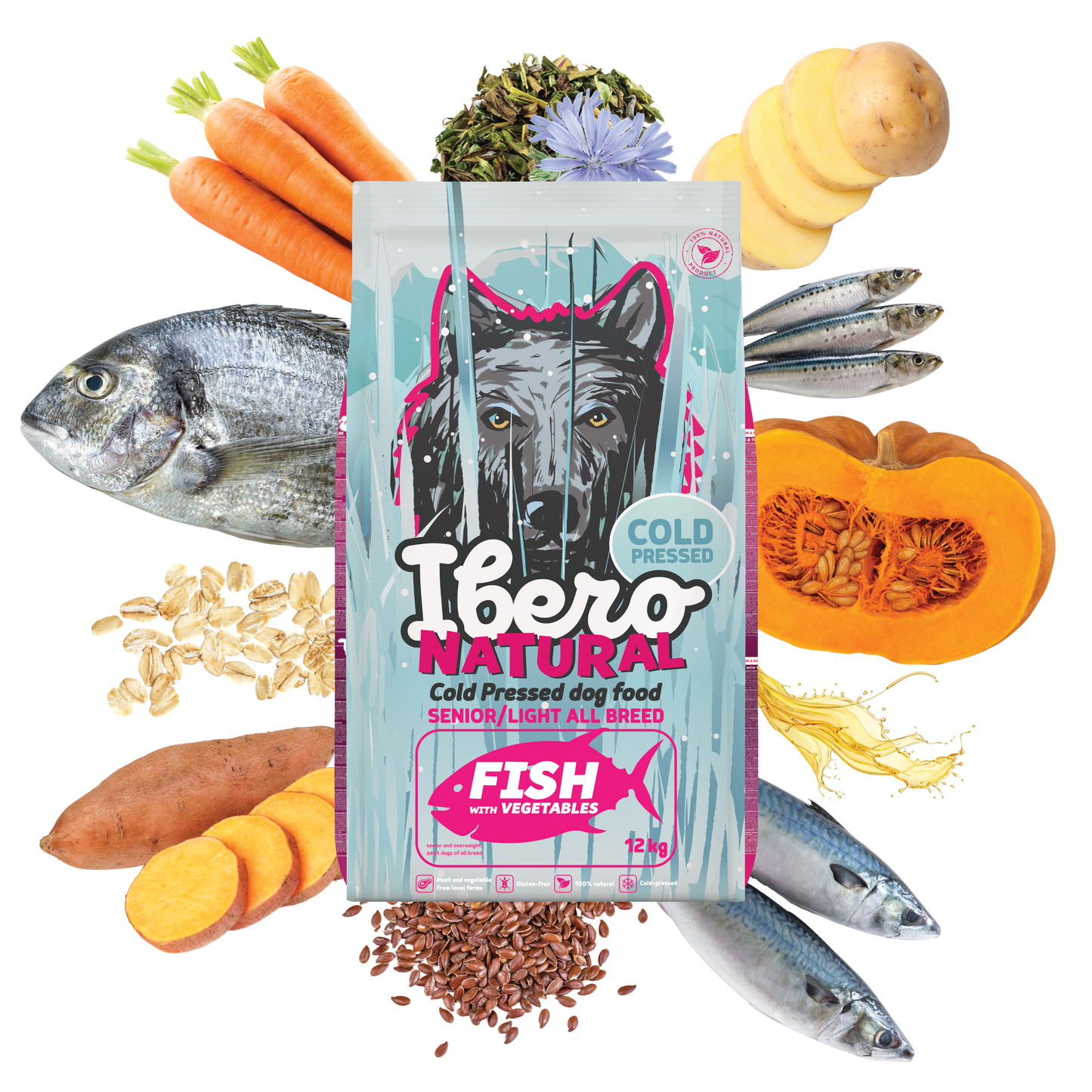 IberoNatural - студено пресована храна за стари кучета и кучета с наднормено тегло от всички породи с риба и зеленчуци