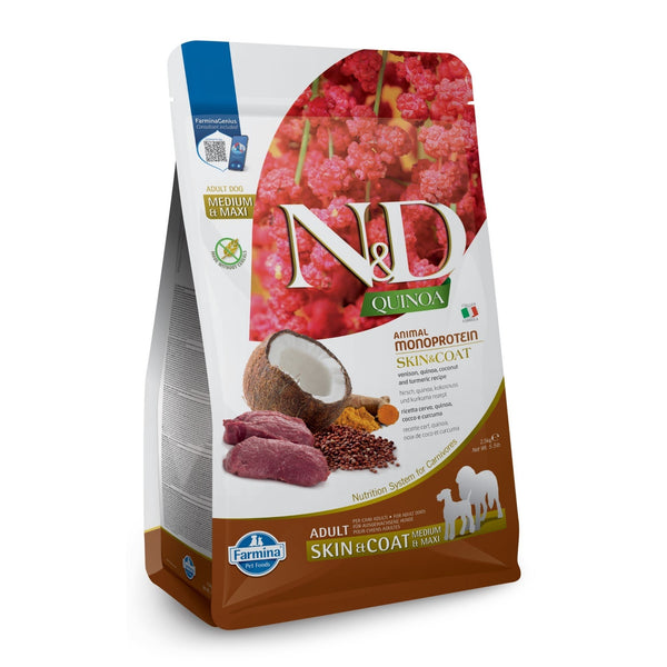 N&D Quinoa Skin & Coat – суха храна за кучета от средни и едри породи с еленско, киноа, кокос и куркума