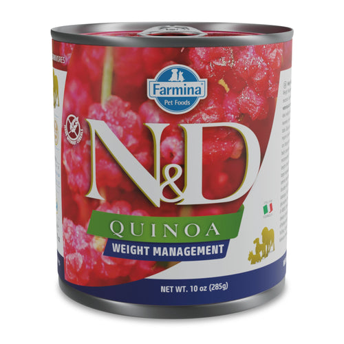 N&D Quinoa - консервирана храна за кучета с наднормено тегло с агнешко, киноа, броколи и аспержи - 6 броя x 285 гр.