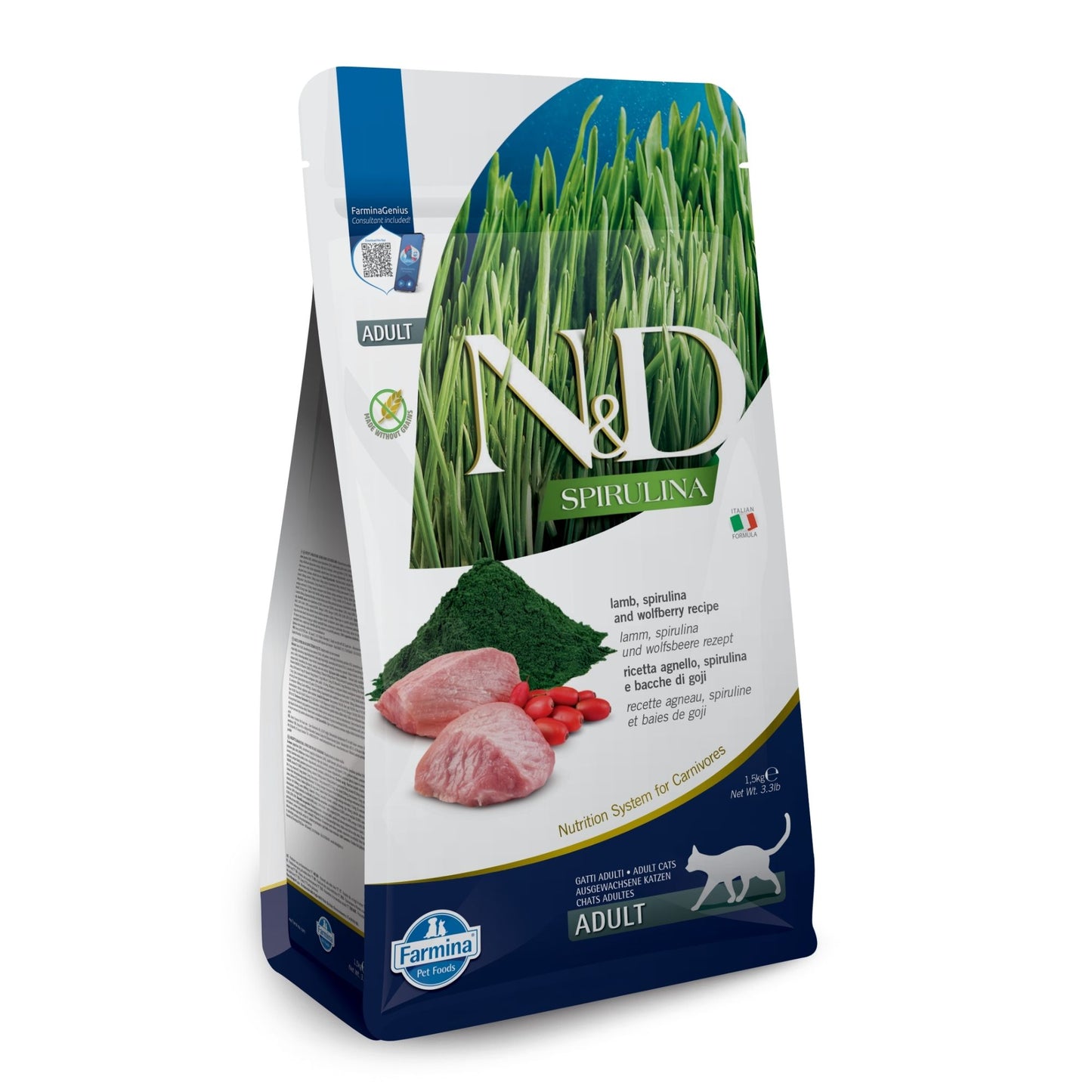 N&D Spirulina - суха храна за котки с агнешко, спирулина и годжи бери - 1.5 кг.
