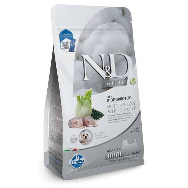 N&D - суха храна за кучета с бяла козина от мини породи с лаврак, спирулина и фенел