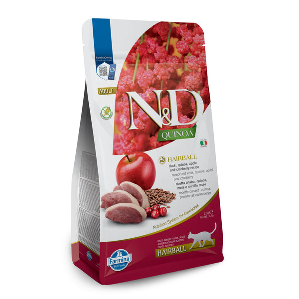 N&D Quinoa Hairball Adult Cat – суха храна с патешко, киноа и ябълка за възрастни котки