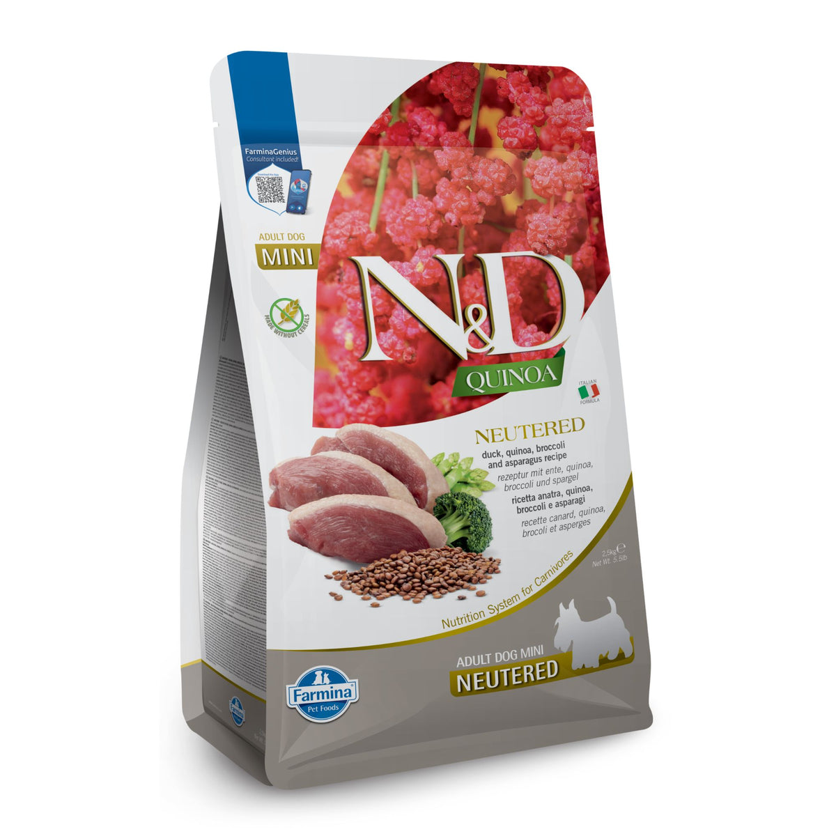 N&D Quinoa Neutered суха храна за кастрирани кучета от мини породи с патешко, броколи и аспержи