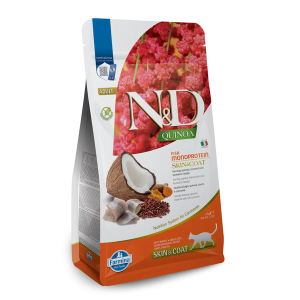 N&D Quinoa Skin & Coat Adult Cat – суха храна с херинга, киноа и куркума за възрастни котки