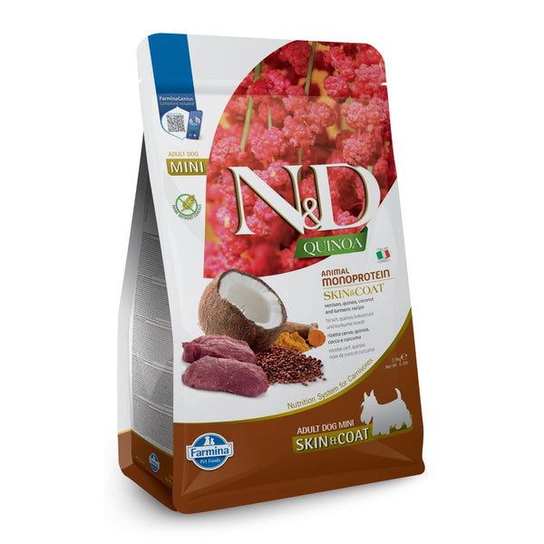 N&D Quinoa Skin & Coat – суха храна за кучета от дребни породи с еленско, киноа, кокос и куркума - 7 кг.