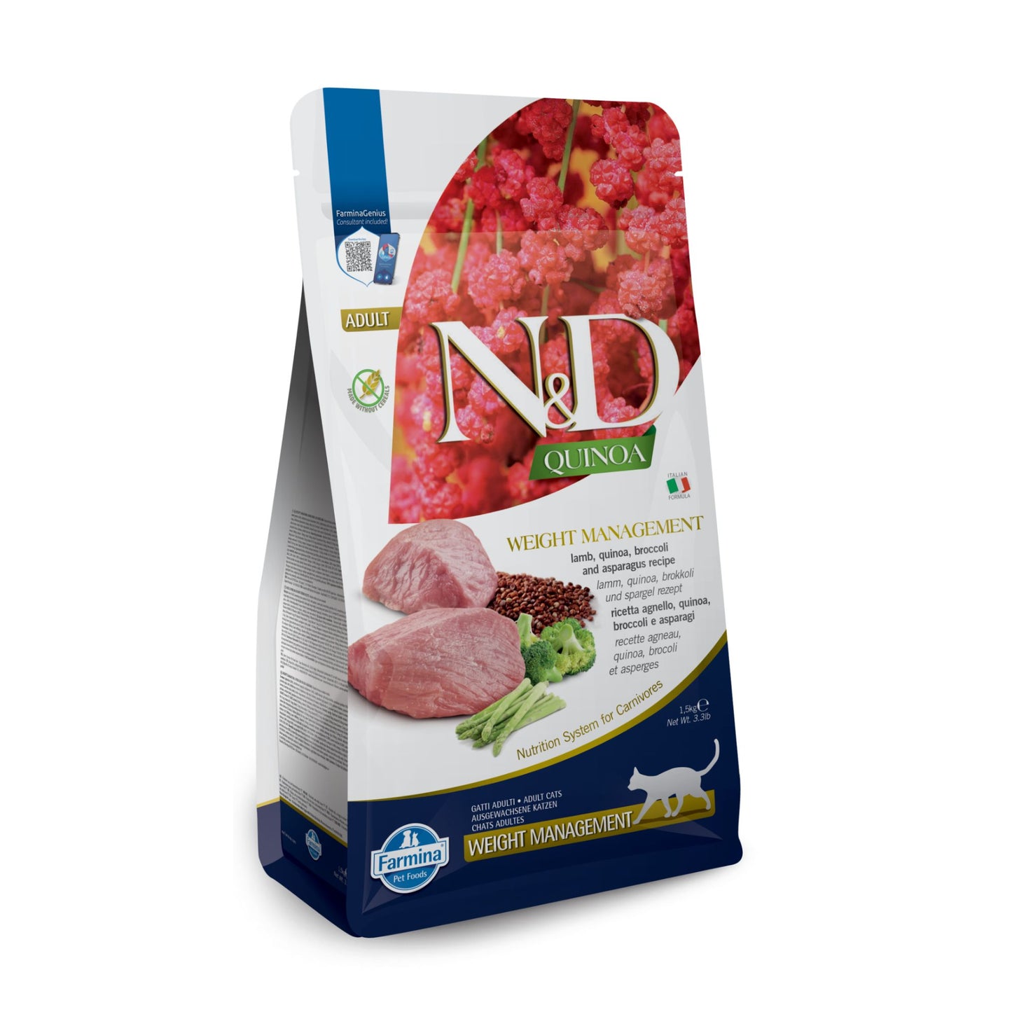 N&D Quinoa Weight Management Adult Cat – суха храна с агнешко, киноа и зеленчуци за възрастни котки