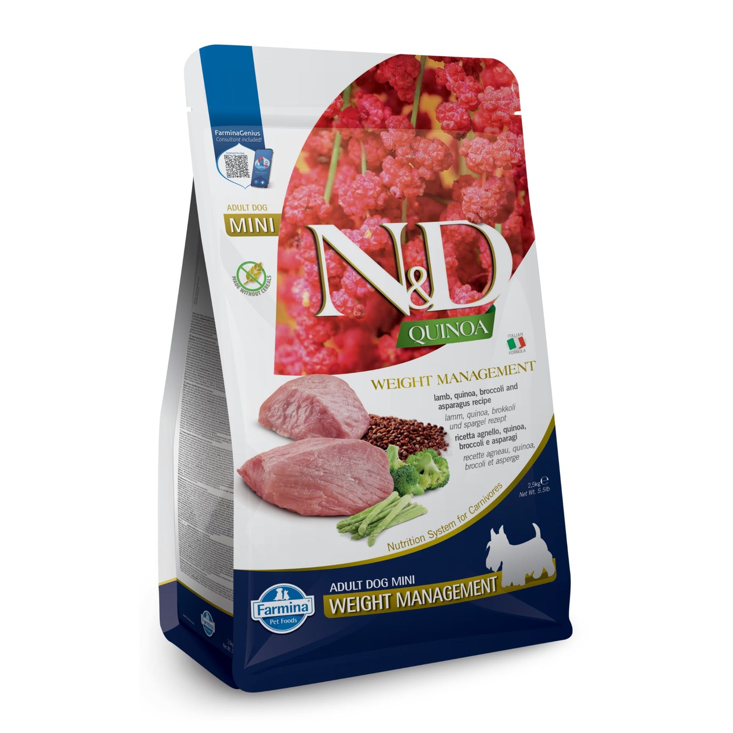 N&D Quinoa Weight Management - суха храна за кучета от дребни породи, с агнешко, киноа, броколи и аспержи - 7 кг.