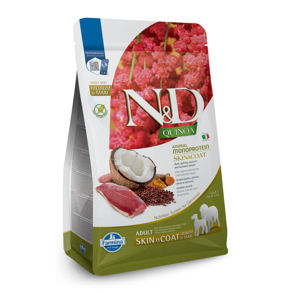 N&D Quinoa Skin & Coat – суха храна за кучета от средни и едри породи с патешко, киноа, кокос и куркума