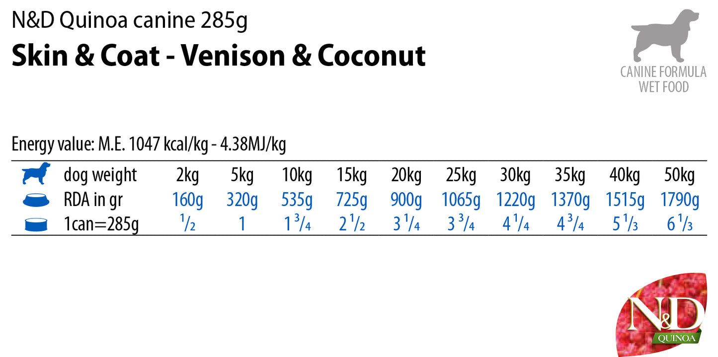 N&D Quinoa - консервирана храна за кучета с еленско, киноа и кокос - 6 броя x 285 гр.