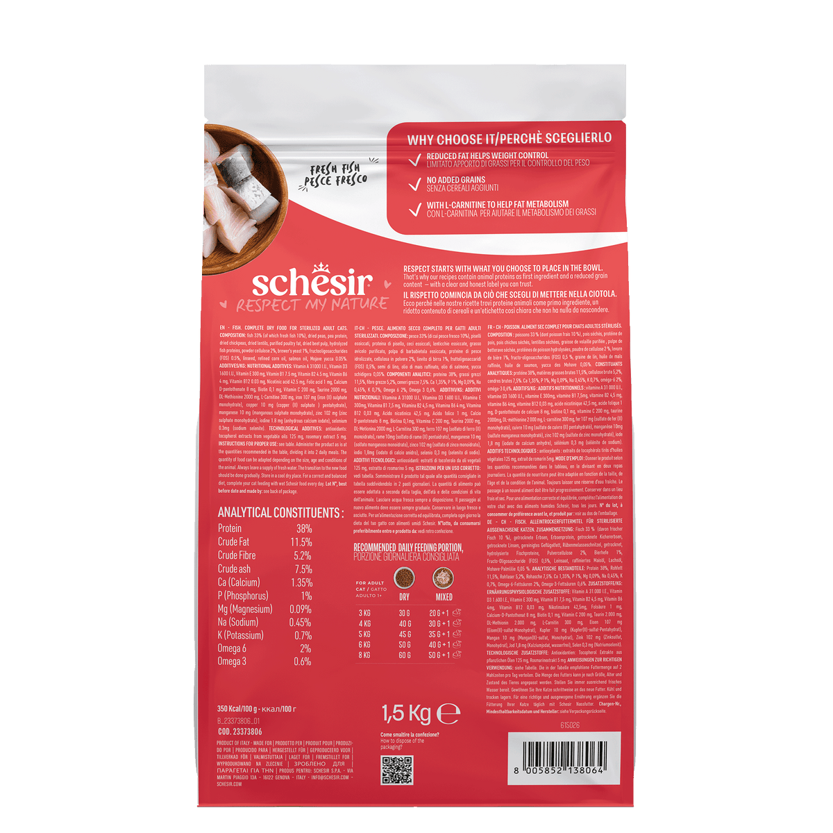 Schesir - суха храна за кастрирани котки с риба - 1.5 кг.