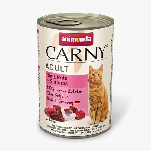 Carny Adult - консервирана храна за котки телешко, пуйка и скариди - 6 броя х 400 гр.