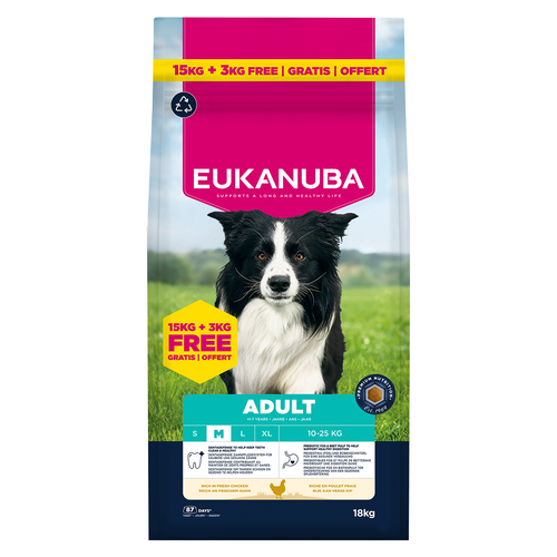 Eukanuba - суха храна за израснали кучета от средни породи с пиле - 18 кг.