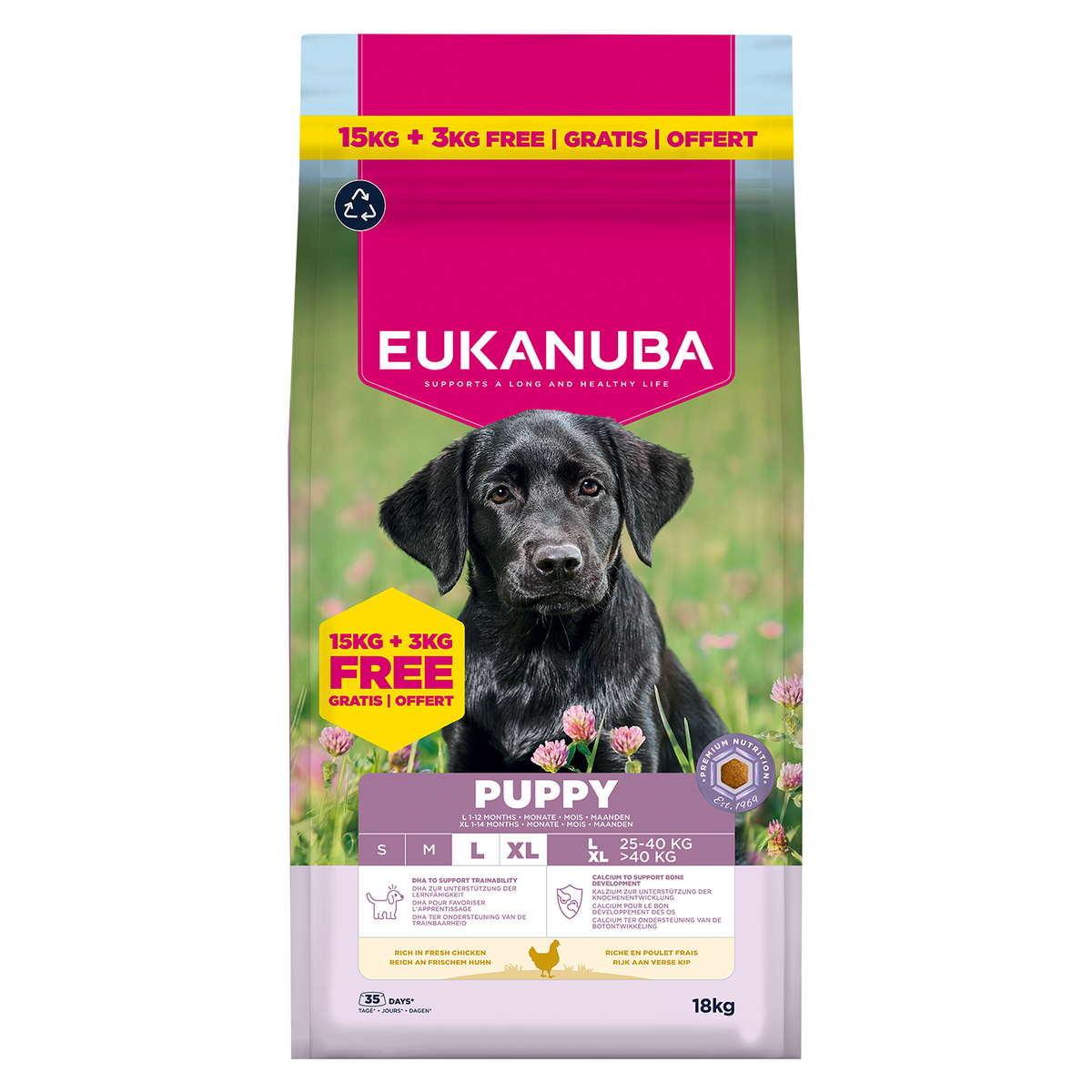Eukanuba - суха храна за подрастващи кучета от едри породи с пиле - 18 кг.