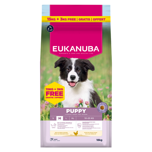 Eukanuba - суха храна за подрастващи кучета от средни породи с пиле - 18 кг.