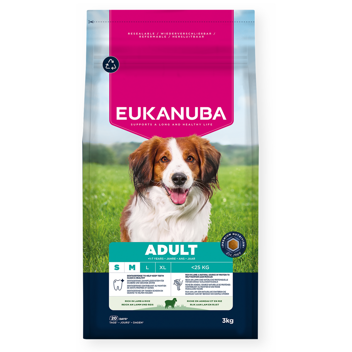 Eukanuba - суха храна за израснали кучета от дребни и средни породи с агне и ориз - 3 кг.