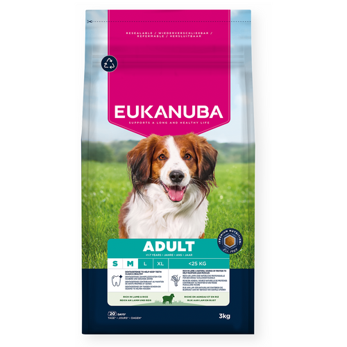 Eukanuba - суха храна за израснали кучета от дребни и средни породи с агне и ориз - 3 кг.