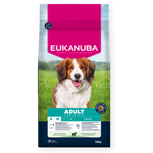 Eukanuba - суха храна за израснали кучета от дребни и средни породи с агне и ориз - 12 кг.