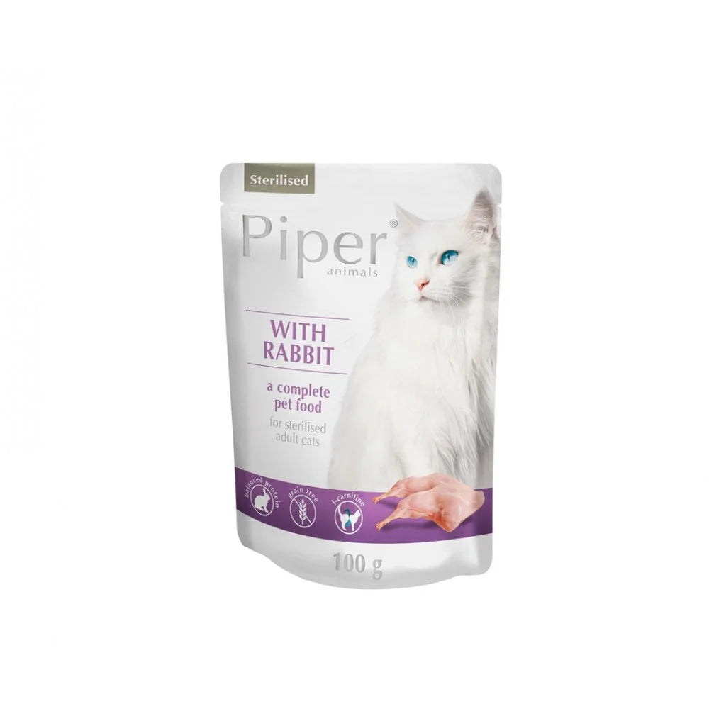 Piper Cat Sterilised - пауч за кастрирани котки със заек - 6 броя х 100 гр.
