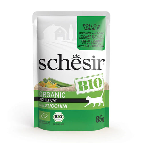 Schesir Bio - пауч за котки с пиле, свинско и тиквички - 6 броя х 85 гр.