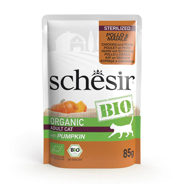 Schesir Bio - пауч за кастрирани котки с пиле, свинско и тиквичка - 6 броя х 85 гр.