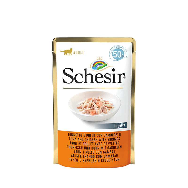 Schesir - пауч за котки с риба тон и пиле и скариди - 6 броя х 50 гр.