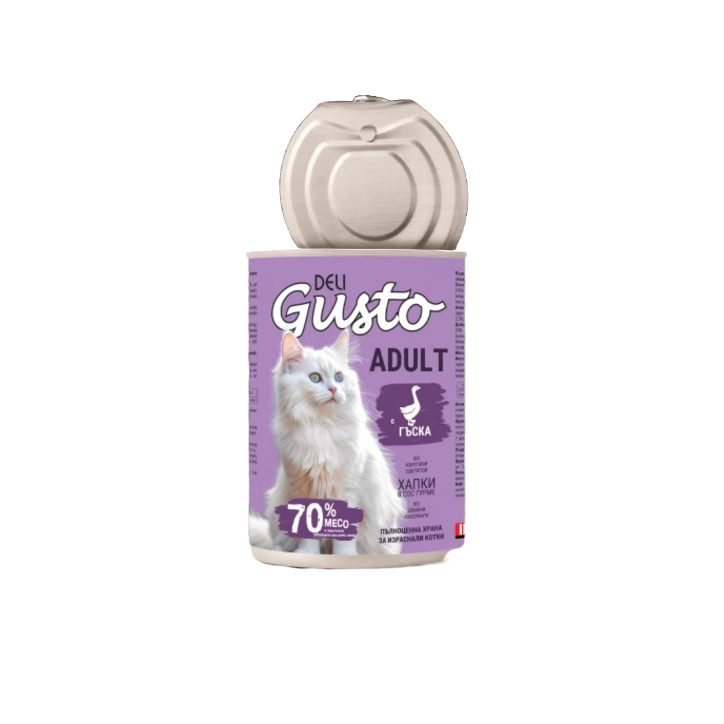 Deli Gusto Cat Goose - Консервирана храна за котки - хапки в сос гъше месо - 6 броя х 415 гр.