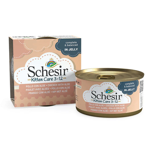 Schesir Kitten - Консервирана храна за подрастващи котки с пиле с алое в желе - 6 броя x 85 гр.