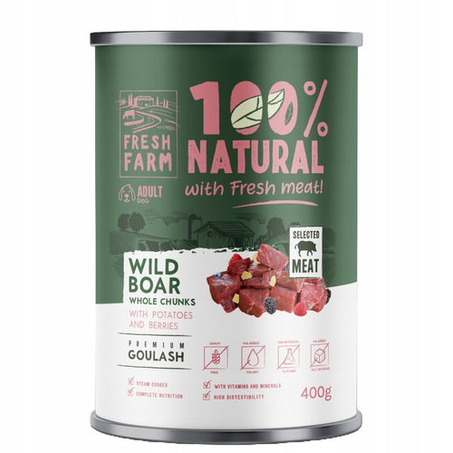 Fresh Farm - консервирана храна за кучета с гулаш див глиган, картофи и горски плодове - 6 броя х 400 гр.