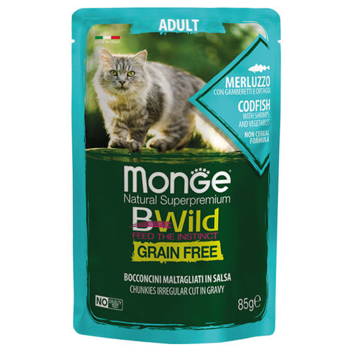 Monge BWild - паучове за котки с риба треска със скариди и зеленчуци - 6 броя x 85 гр.