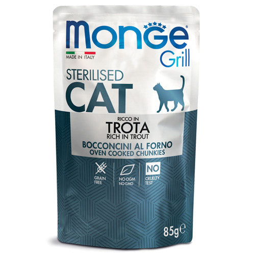 Monge Grill - паучове за кастрирани котки в желе с пъстърва - 6 броя x 85 гр.