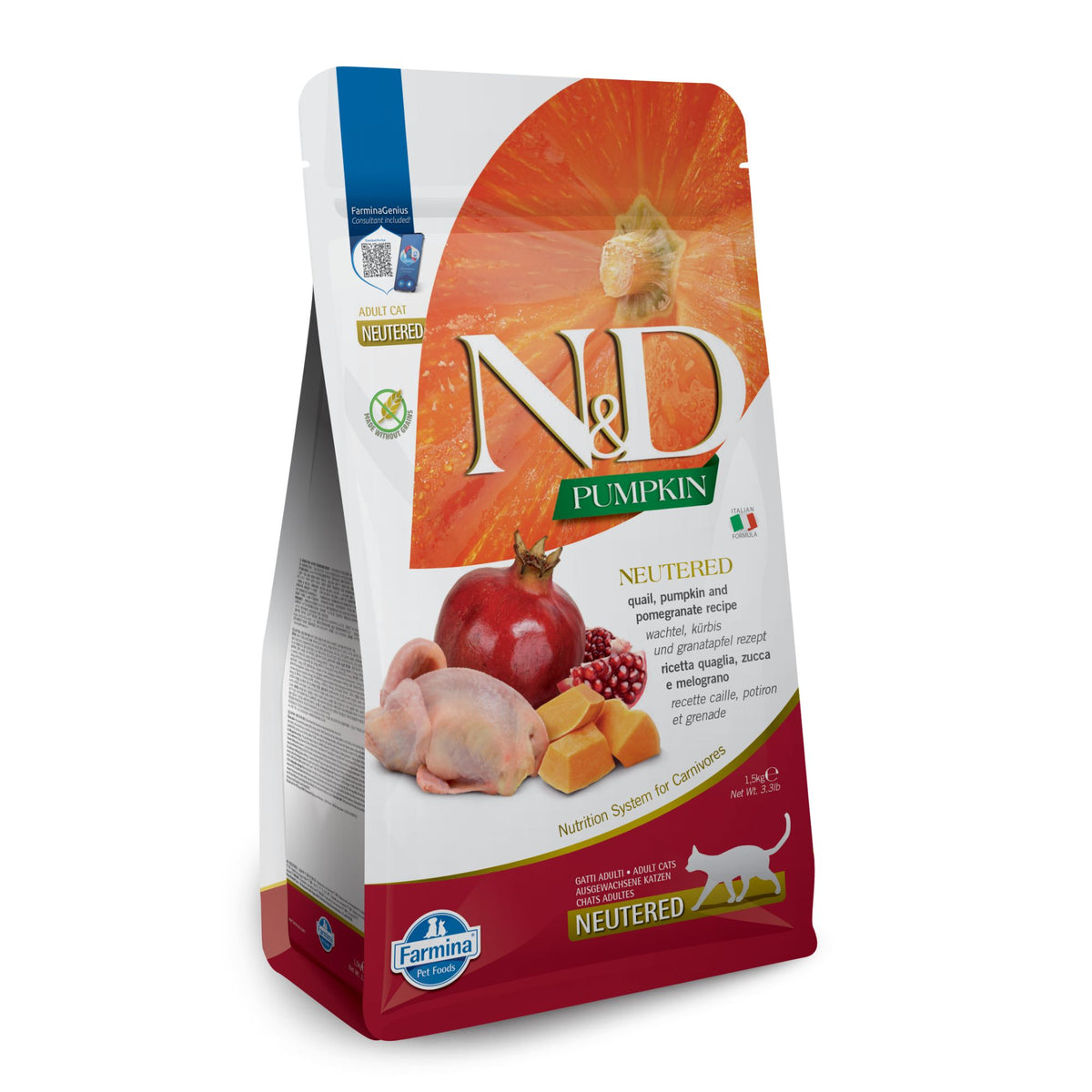 N&D Adult Cat Neutered Pumpkin суха храна с пъдпъдък, тиква и нар за кастрирани котки