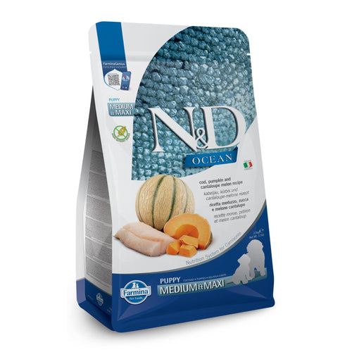 N&D Ocean Puppy Med/Maxi – суха храна с треска, тиква и пъпеш за подрастващи кученца от средни и едри породи - 12 кг.