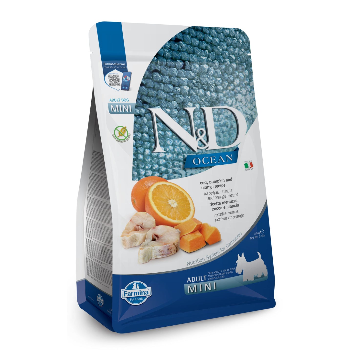 N&D Ocean Adult Mini – суха храна с треска, тиква и портокал за възрастни кучета от дребни породи