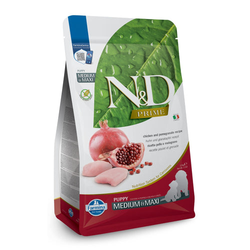 N&D Prime Puppy Med/Maxi – суха храна с пилешко и нар за подрастващи кученца от средни и едри породи