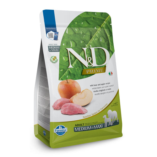 N&D Prime Adult Med/Maxi – суха храна с глиган и ябълка за възрастни кучета от средни и едри породи