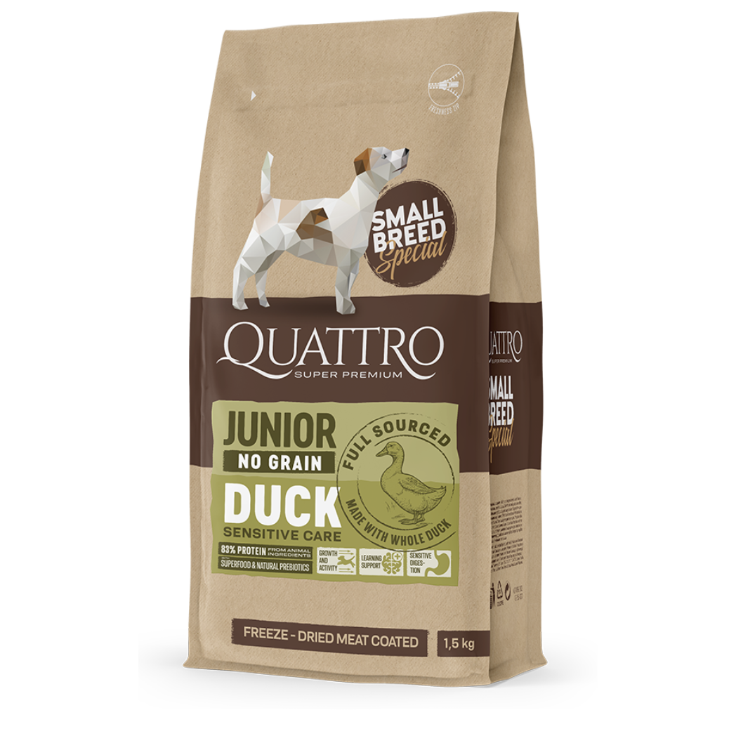 Quattro - суха храна за подрастващи кучета от мини породи с патица - 1.5 кг.