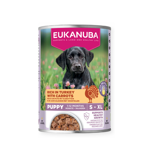Eukanuba - консервирана храна за подрастващи кучета с пуешко и моркови - 6 броя x 400 гр.